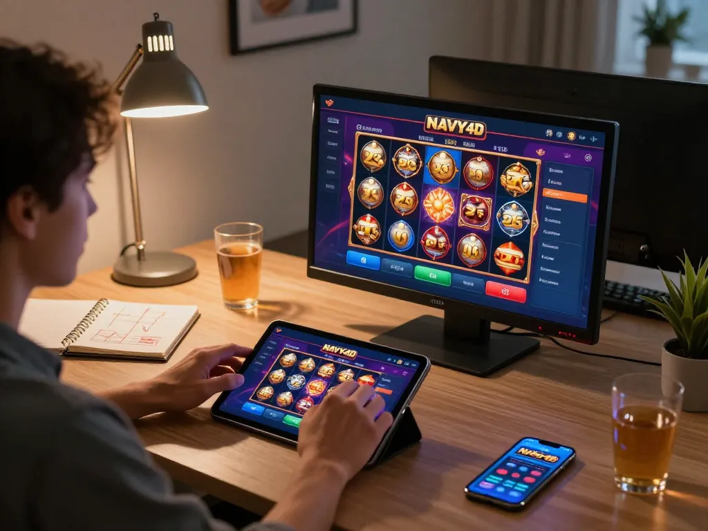 Pemain berinteraksi dengan aplikasi kasino NAVY4D di tablet dalam pengaturan rumah yang stylish dan nyaman.