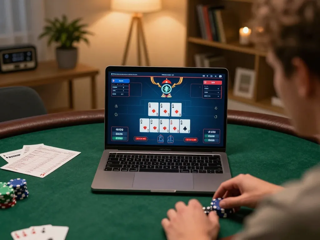 Engaged player strategizing at their online poker table on jagoan86 with vibrant interface details