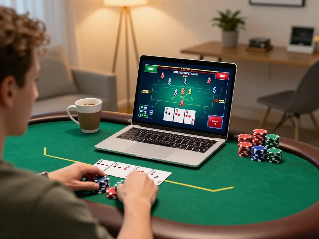 Player enjoying credit card casino gameplay on laptop, vibrant poker scene with chips stacked.