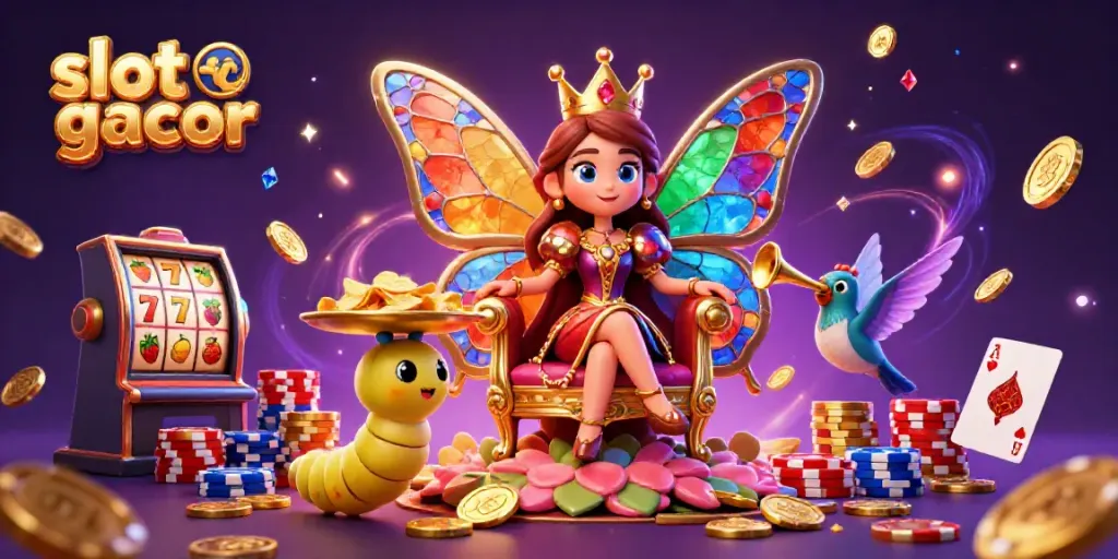Engage in slot gacor fun with a vibrant 3D casino illustration featuring slots, chips, and colorful characters.