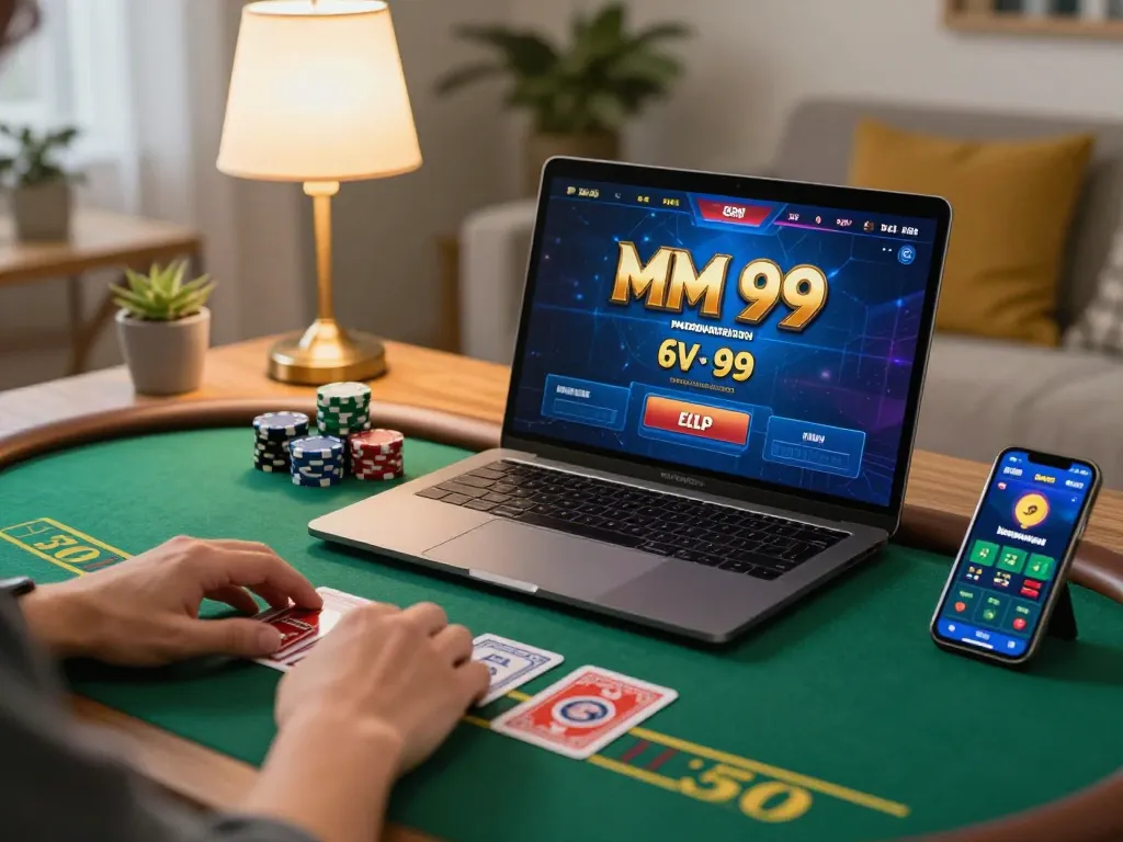 Engage in MM 99 online gaming with a live blackjack setup at home, showcasing strategy and comfort.