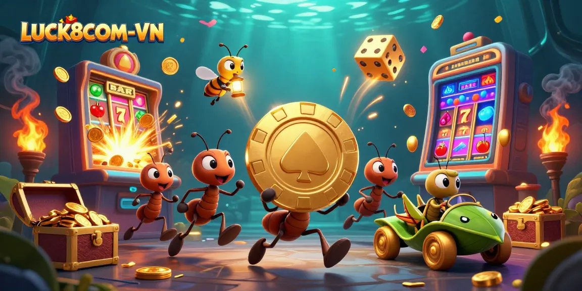 Embark on an epic adventure with LUCK8COM-VN as ants carry a massive poker chip in an electrifying casino heist.
