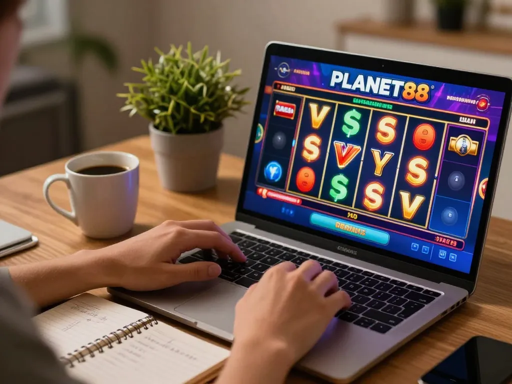 Engaging with PLANET88’s slots interface in a cozy home gaming setup.