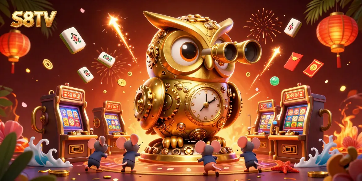 S8TV showcases a cartoonish casino scene with a golden owl, slot machines, and vibrant game elements.