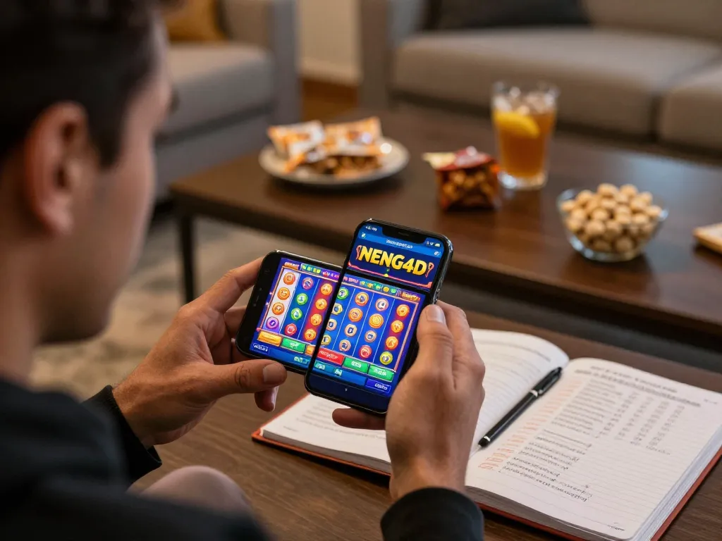 Engaged player enjoying the NENG4D online slots using a smartphone, showcasing vibrant game graphics