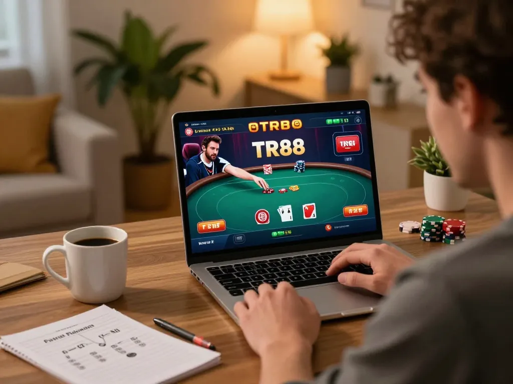 Player engaging in a TR88 poker game on laptop, showcasing online gaming strategy.