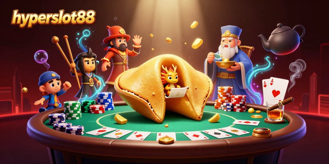 Join the excitement on hyperslot88 with this dynamic illustration of a fortune cookie and poker scene.