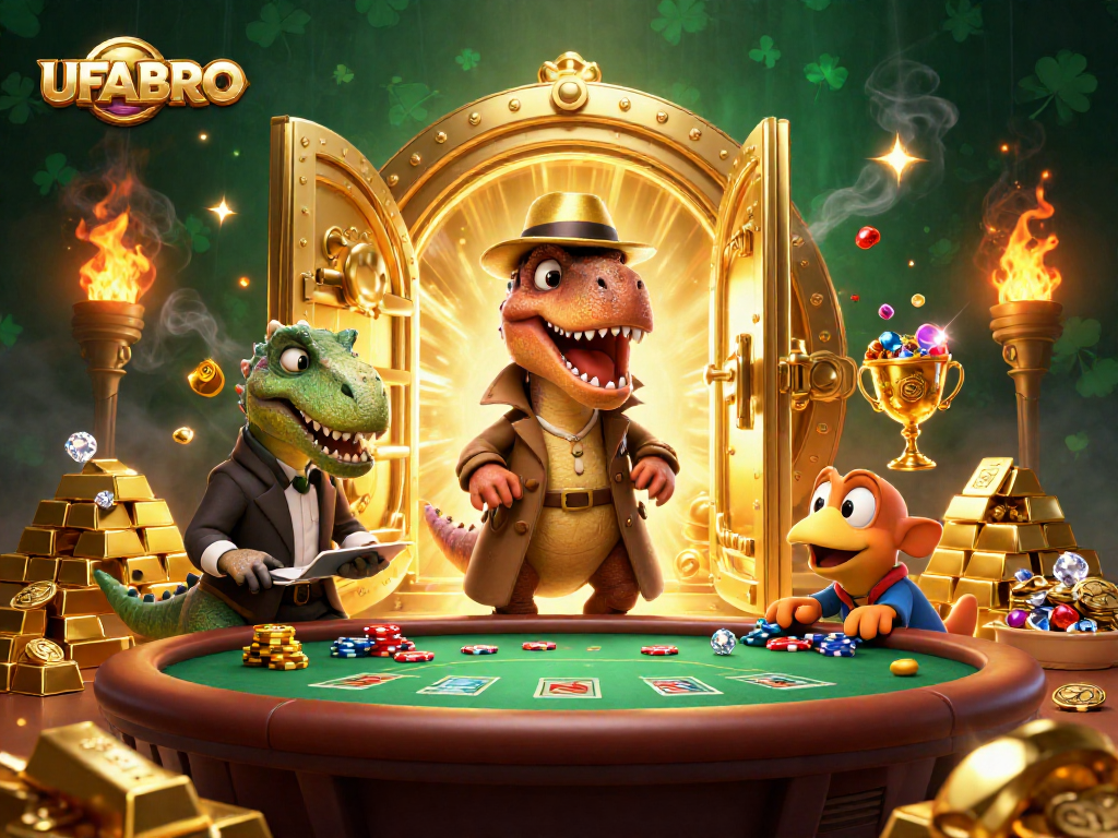 UFABRO players engaging in thrilling blackjack action, featuring vibrant cartoon characters amidst dazzling casino elements.