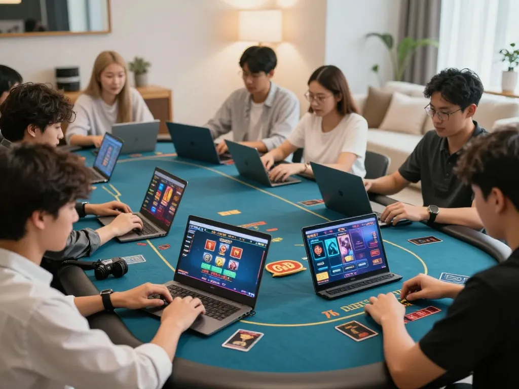 Engaging online gaming experience at king33 with players using laptops and tablets for poker and slots.