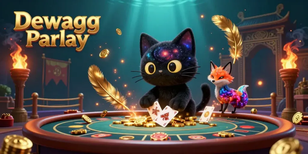 Engaging scene depicting Dewagg Parlay with a cosmic cat and colorful fox collecting betting chips.