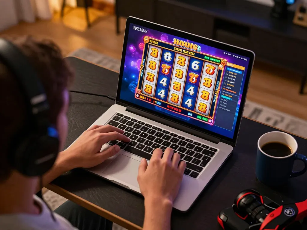 Engaging in link slot gameplay on a laptop showcases thrilling online gaming experience