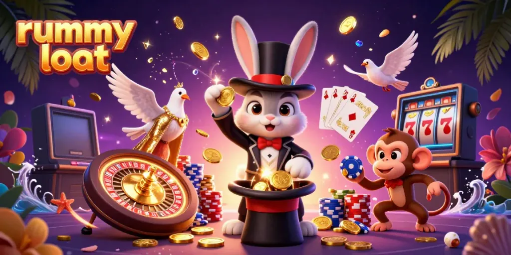 Experience thrilling online gameplay with rummy loot in a lively casino setting featuring interactive characters.