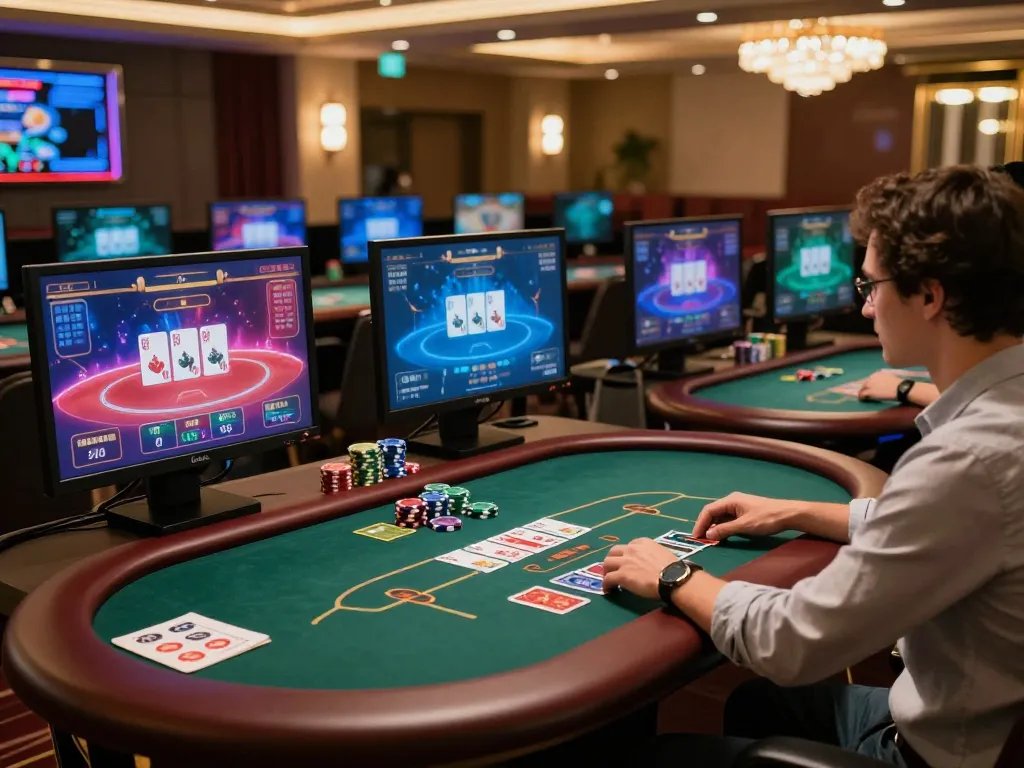 cm88 online gaming setup with vibrant poker tables and chips, celebrating strategic gameplay environment