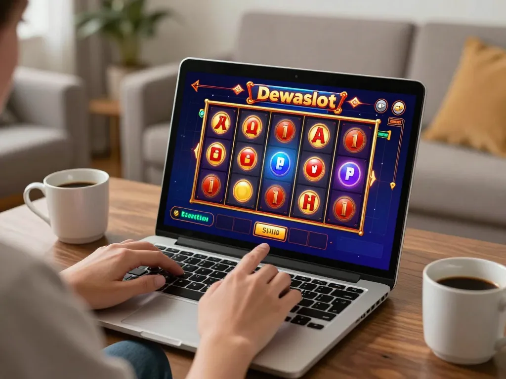 Engaged player enjoying dewaslot online slots, celebrating a win with vibrant game display.