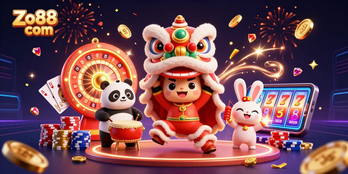 Engage with thrilling gameplay at Zo88 com with a lively illustration of a Chinese New Year lion dance.