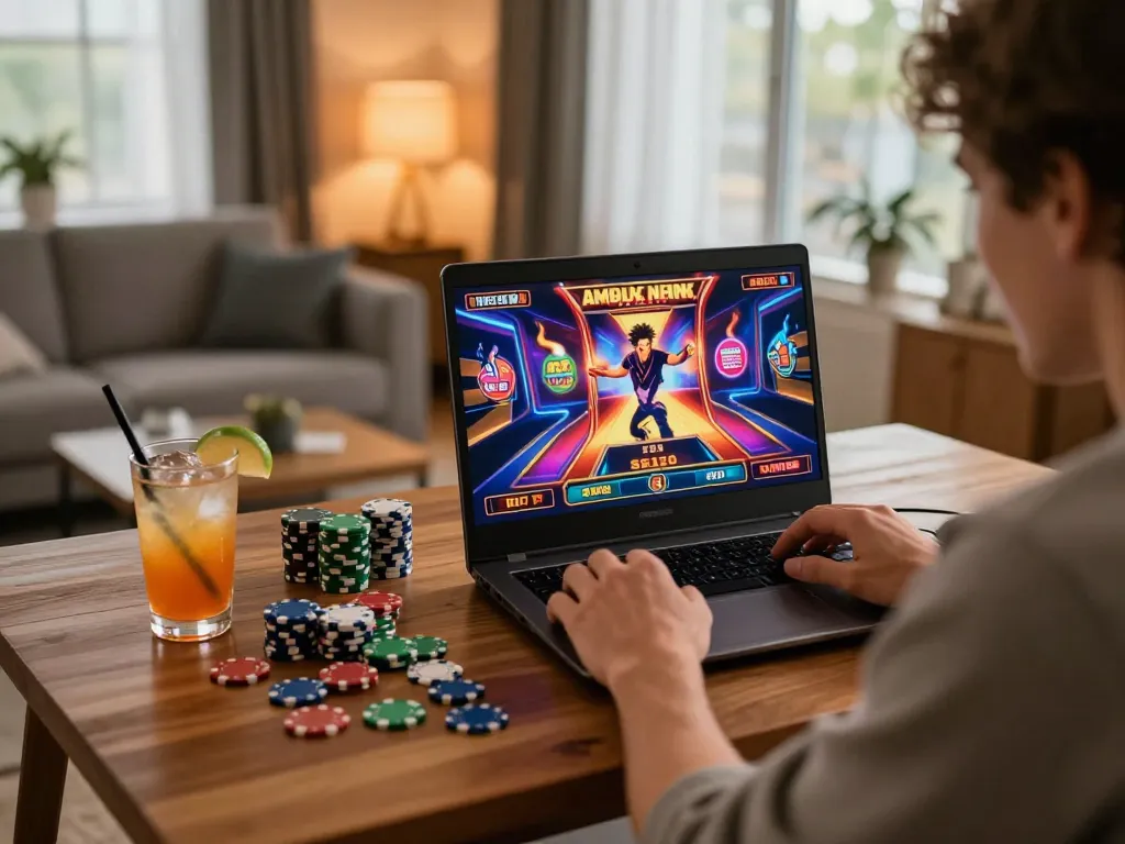 Engaged user spins online slots on their laptop, experiencing bk8 at home.