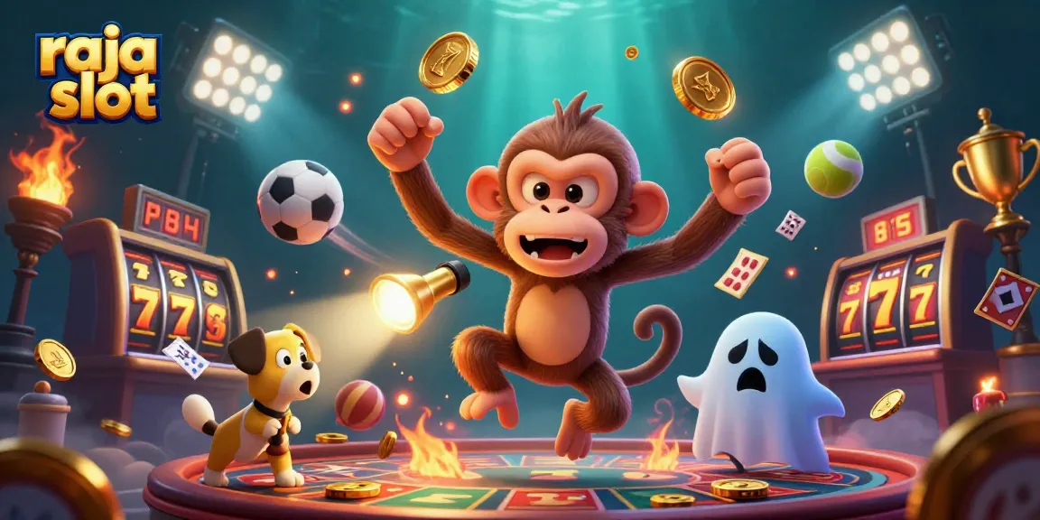 Engage with the raja slot scene featuring a playful monkey and ghost-hunter puppy in a haunted casino environment.