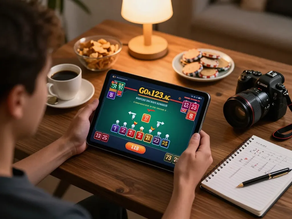 Engaging with live dealer blackjack on goal123.ac, featuring a focused player using a tablet in a cozy home setting.