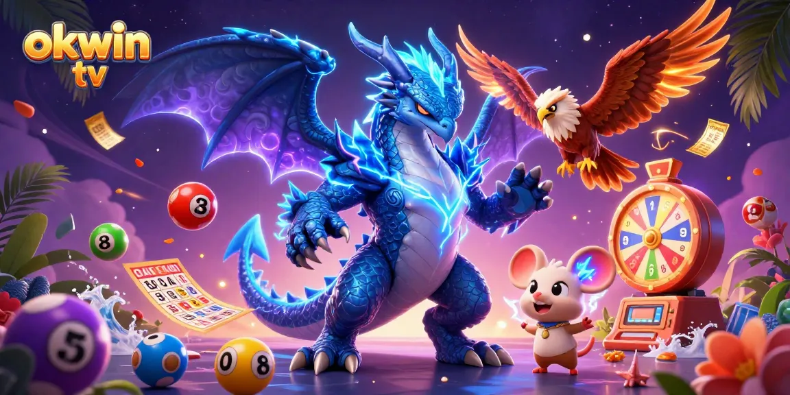 Experience thrilling wins with okwin tv as vibrant lottery elements burst around dynamic cartoon characters.
