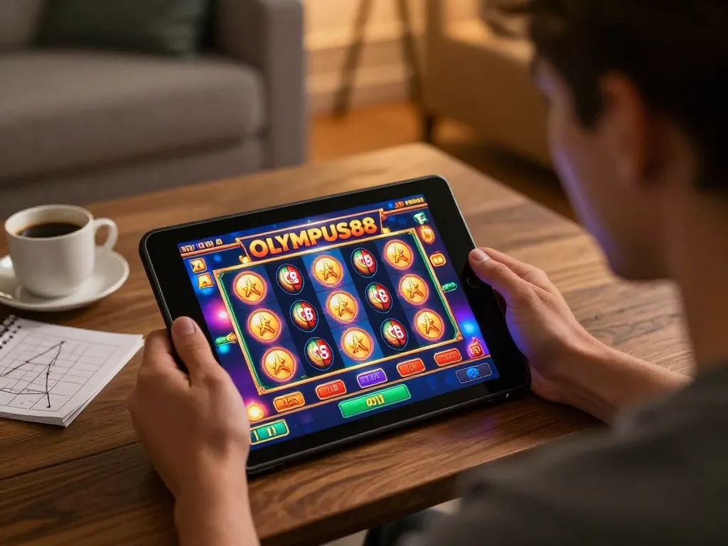 Person engaged in playing OLYMPUS88 slots on a tablet, showcasing an exciting online gaming experience.