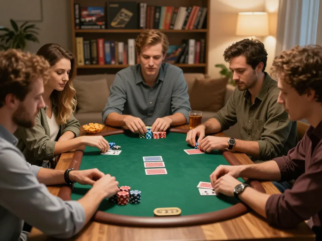 Friends enjoying a lively poker night at home with cards and chips showcasing god55vn experience.