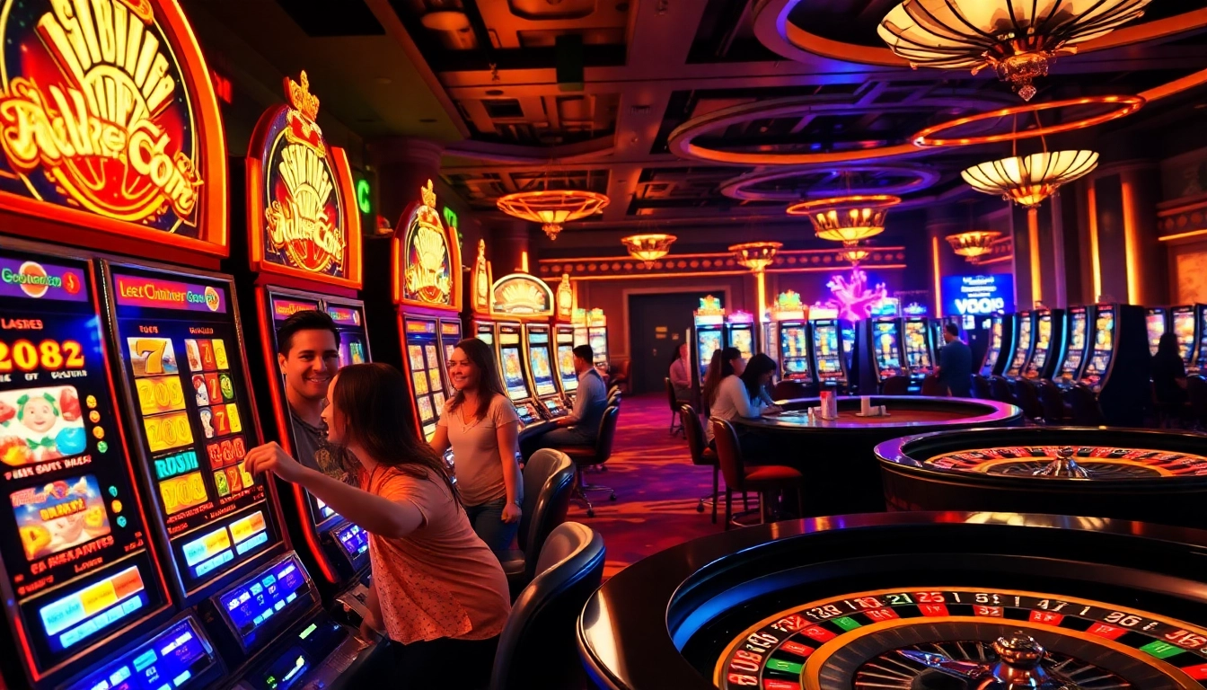 Situs gacor gamers enjoying thrilling slot machines in a vibrant casino atmosphere.