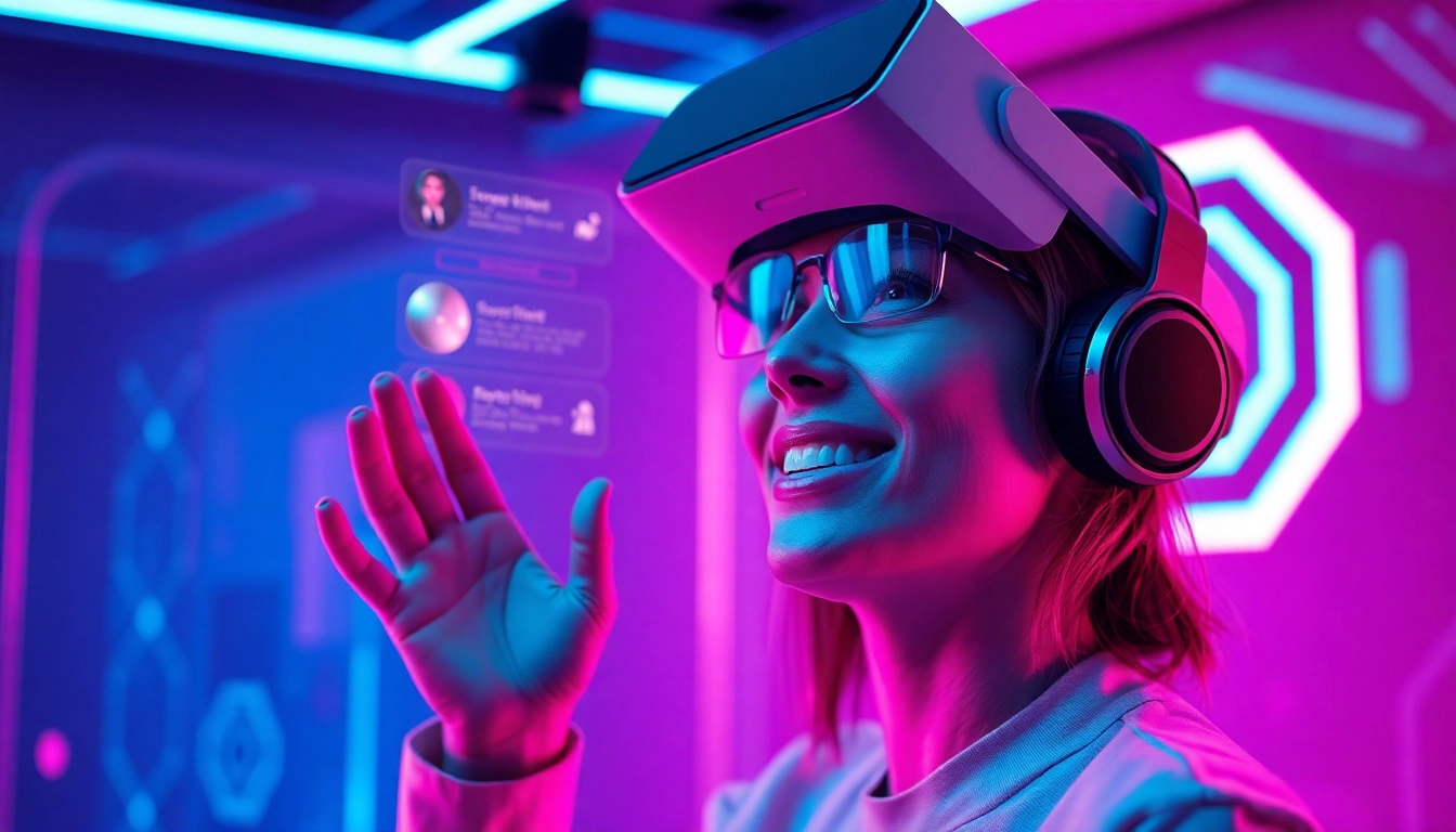 Experience AI chat porn in a vibrant virtual reality setting with a holographic interface.