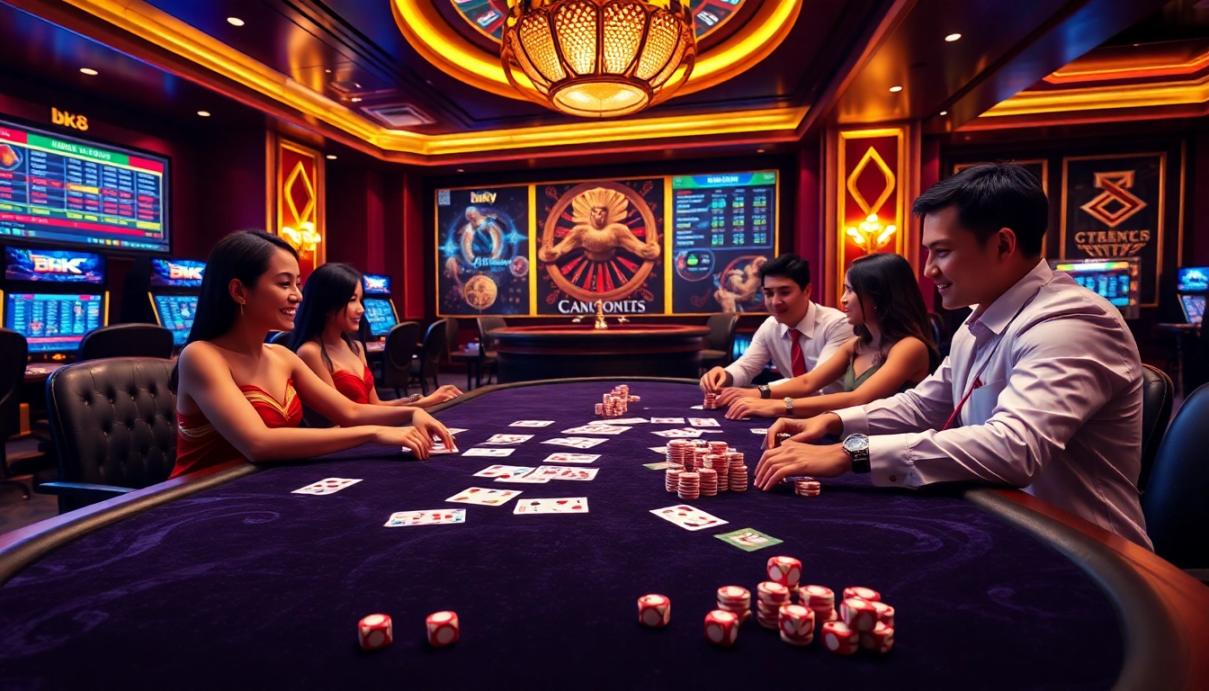 Experience the thrill of bk8 Thailand with a luxurious online casino atmosphere showcasing poker and roulette.