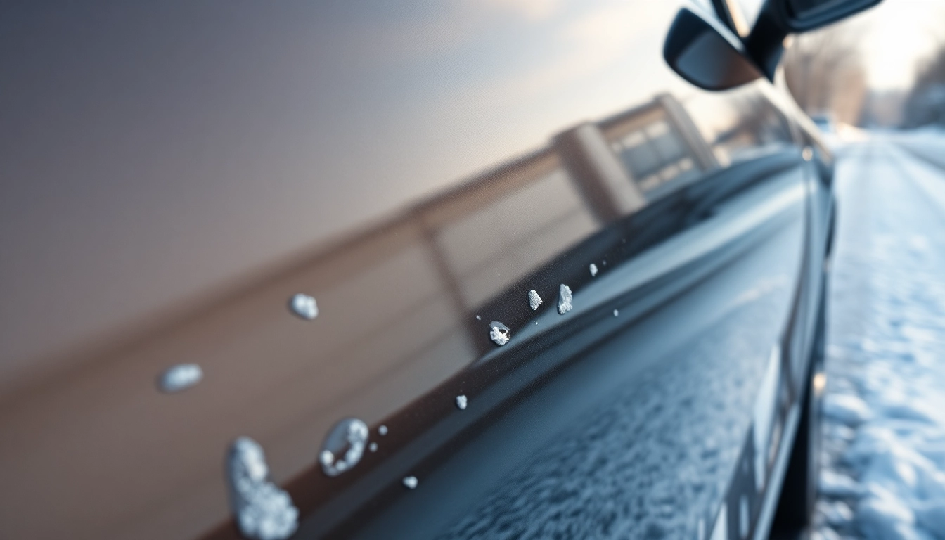 Explore PPF winter road salt protection showing a car's shining surface against snowy conditions.