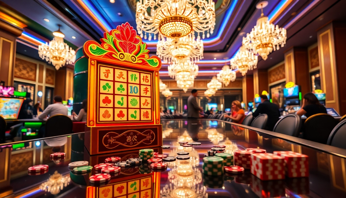 Winning at a mahjong slot machine in a luxurious casino environment with vibrant lights.