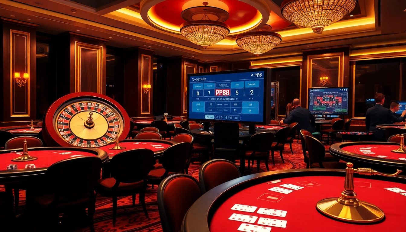 Engage in thrilling games at pg88, showcasing poker tables with vibrant chips and cards in a luxurious casino.