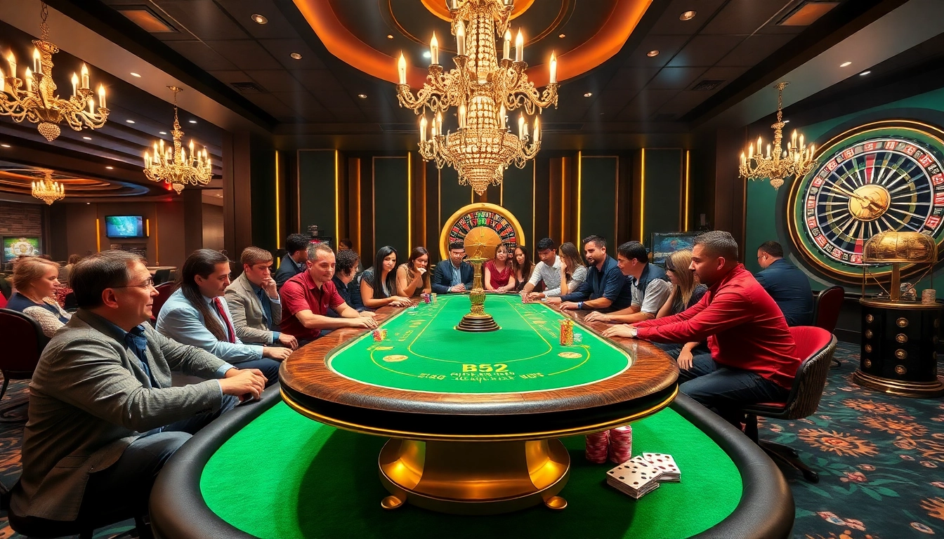 B52-themed casino table with players engaging in poker amidst luxurious casino ambiance.