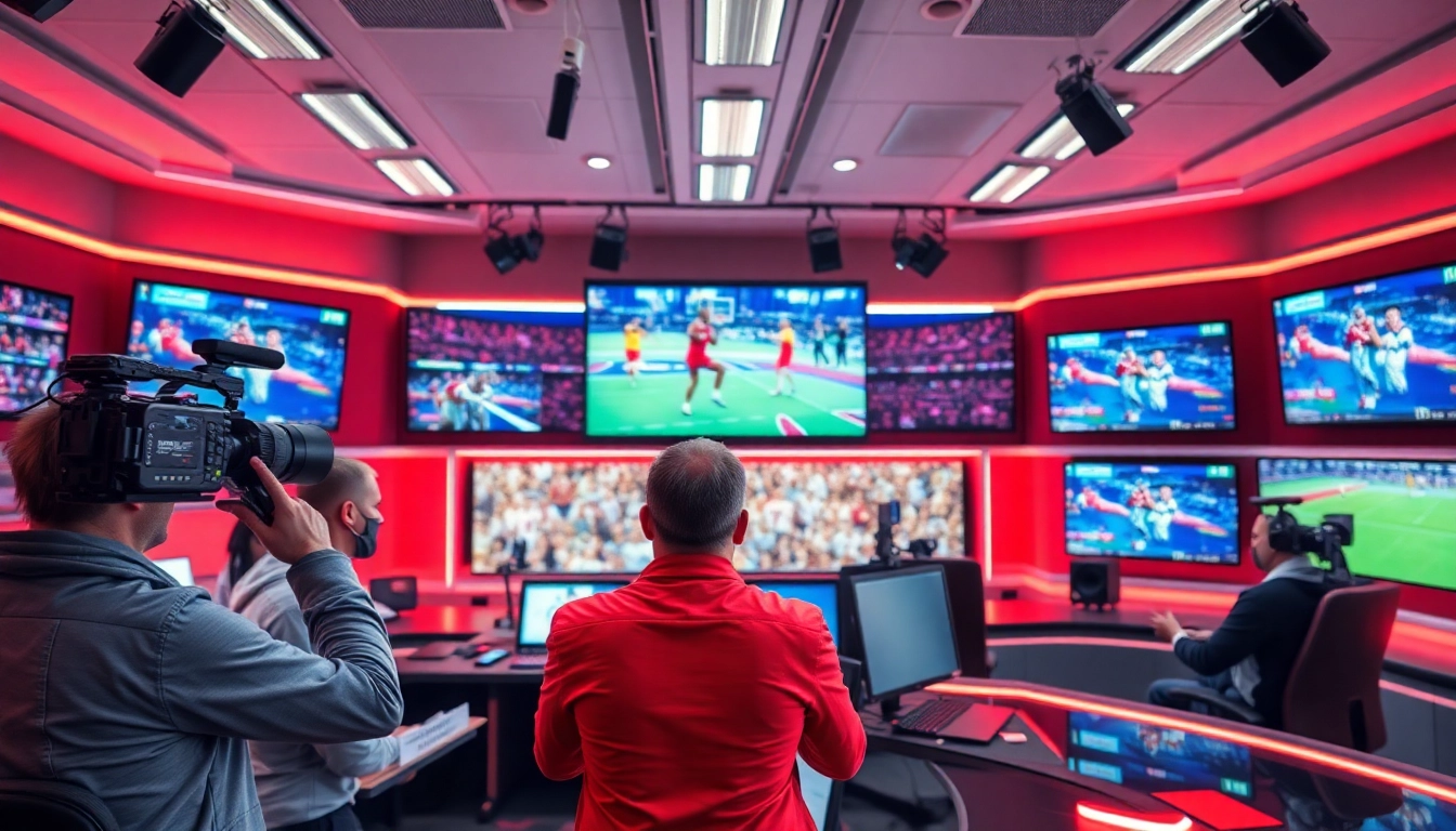 Engaging sports broadcasting scene with presenters in action, showcasing live sports energy.