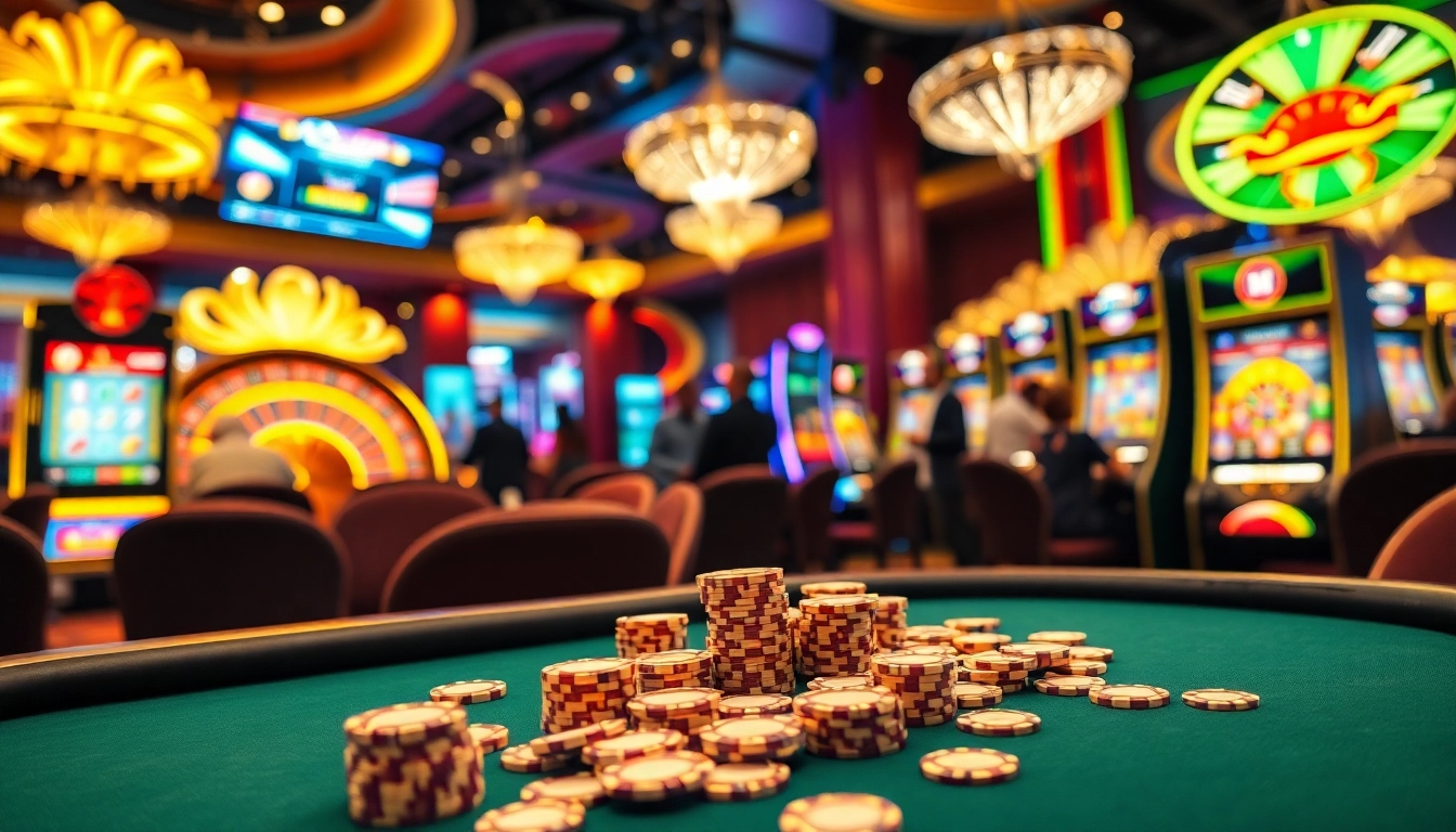 Engage with Nhà Cái RR88 in an exciting casino atmosphere filled with vibrant games and poker chips.