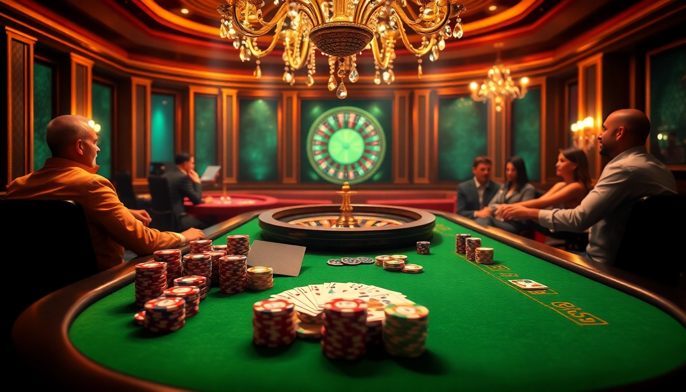 Engaging casino scene showcasing poker table, chips, and luxury atmosphere related to j88 gaming.
