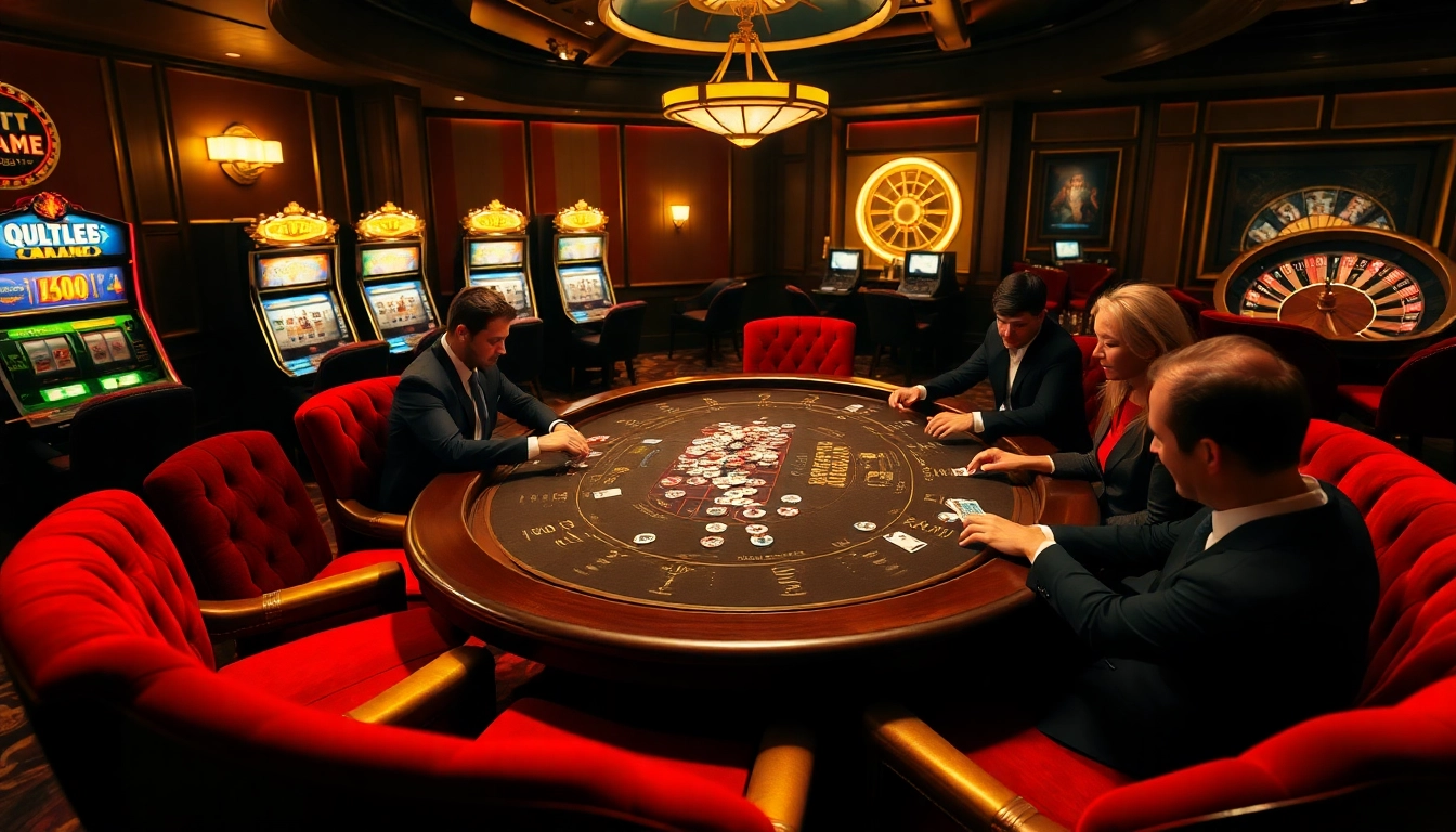 Hitclub poker players strategizing at a luxurious casino table with vibrant chips and cards.