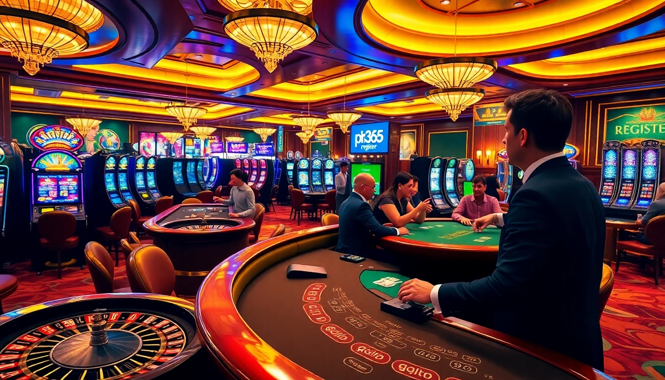 Engage in thrilling gaming at the ph365 register atmosphere, featuring tables and excited players.