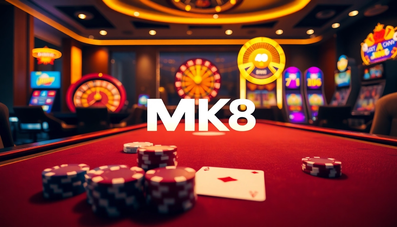 Experience the excitement of MK8 เครดิตฟรี at a luxurious casino table with poker chips and cards.