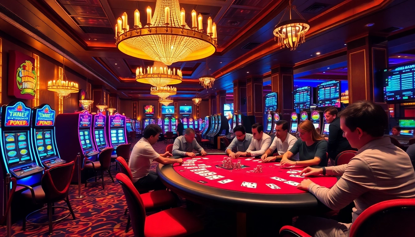 Create a thrilling scene with idn slot machines in a luxurious casino setting, showcasing vibrant colors and game excitement.