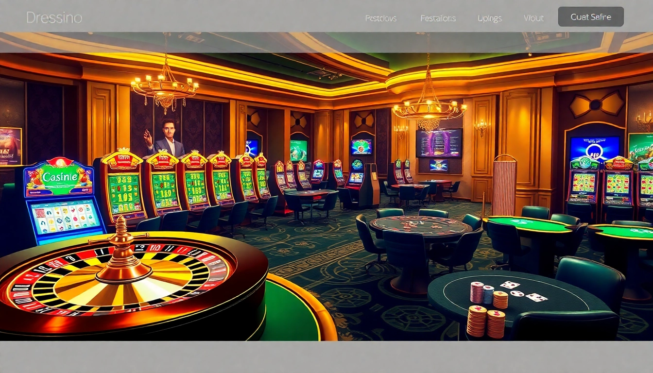 Dynamic gaming scene showcasing Nhà cái uy tín with roulette and slot machines.