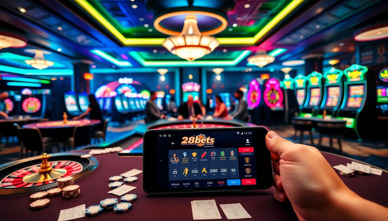 Engaging scene at 28bets casino with poker tables, vibrant roulette wheel, and slot machines.