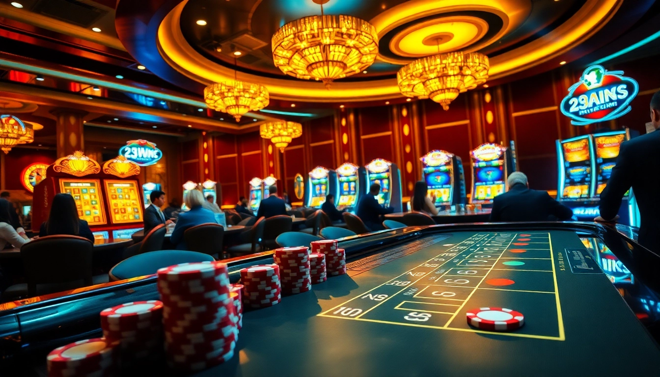 Players celebrating their wins in a glamorous casino setting at 23 win, featuring vibrant slot machines.