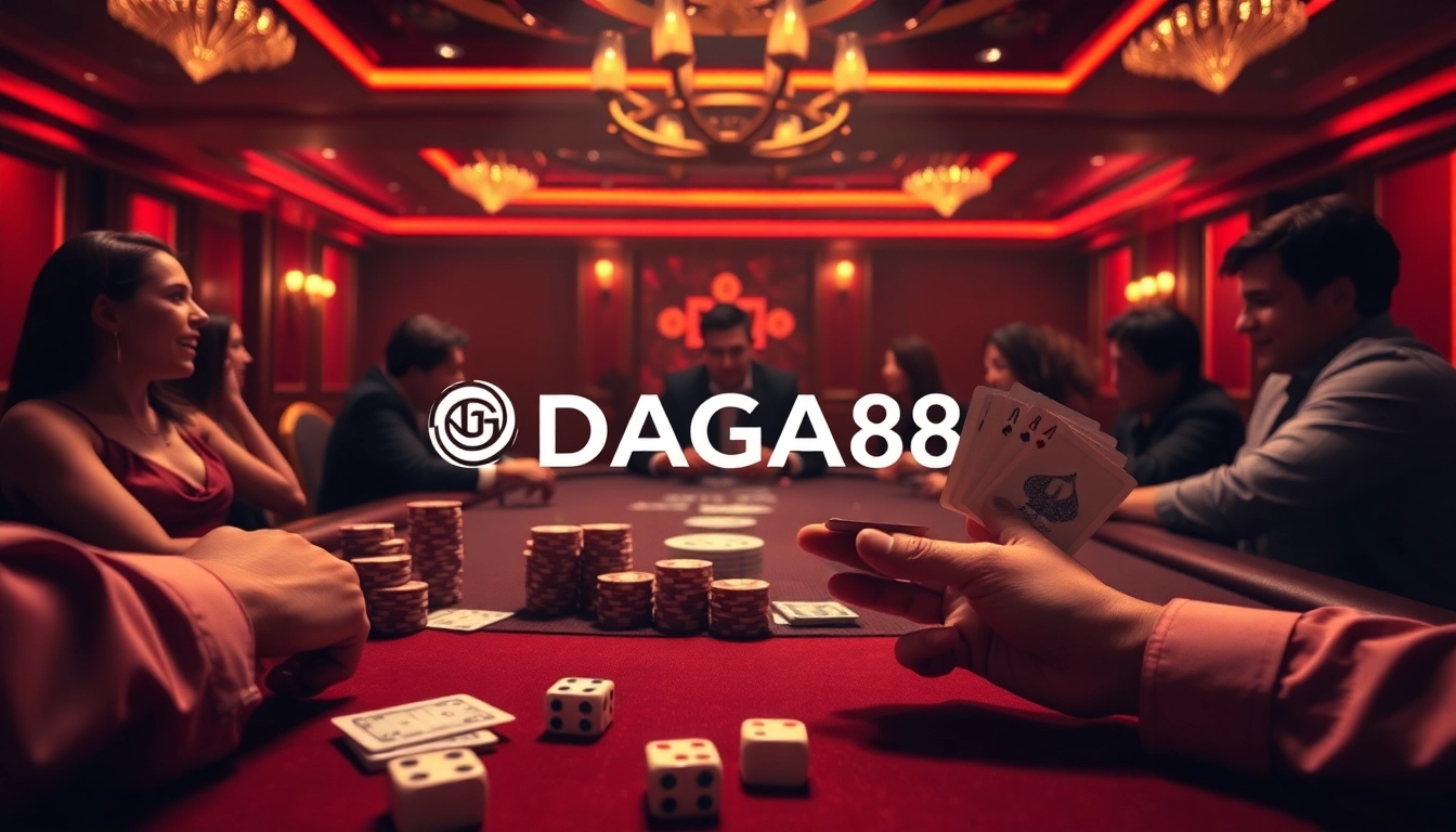 Players enjoying high-stakes poker at a vibrant casino table featuring elements from https://daga88.free/.
