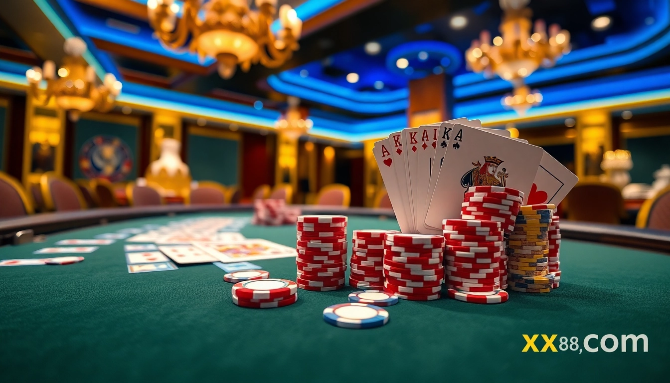Engaging poker game scene at xx88 com, showcasing vibrant chips and cards for online gambling.