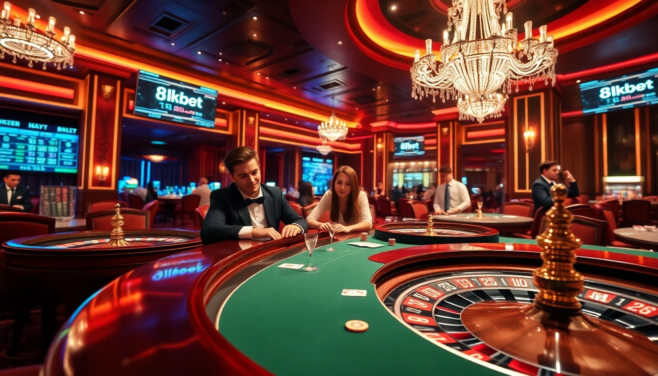 8kbet players experiencing thrilling online gambling with poker chips at a luxury casino table.