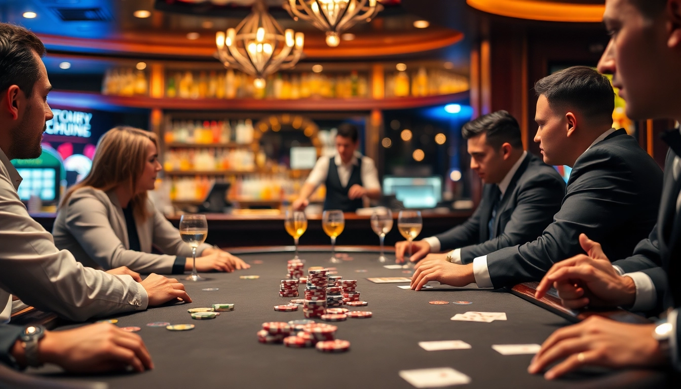 Agen SBOBET dalam suasana kasino dengan pemain poker dan minuman elegan.