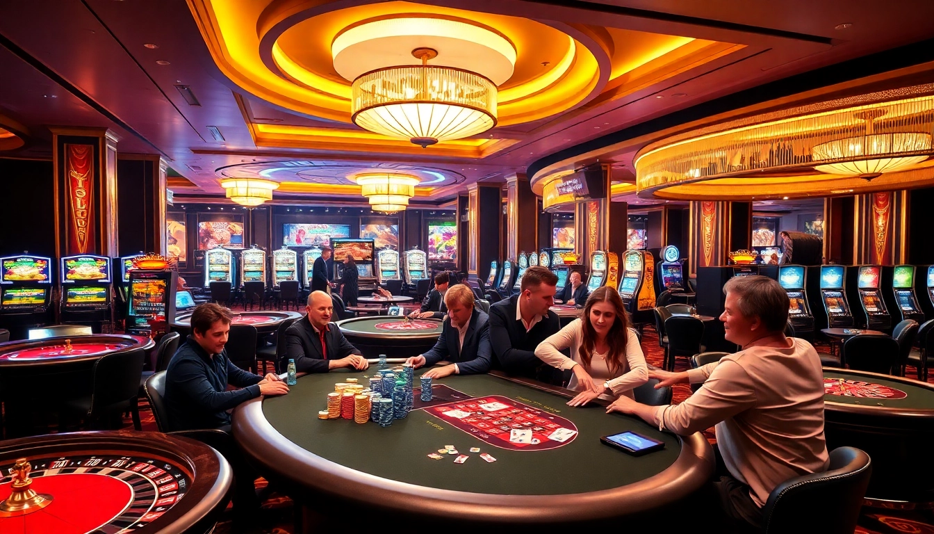Exciting gaming action at rajaluck casino with players at vibrant poker and slot machines.