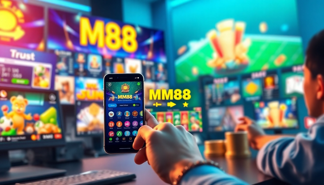 Dynamic scene showcasing MM88 com online gaming interface with vibrant casino games and modern technology.