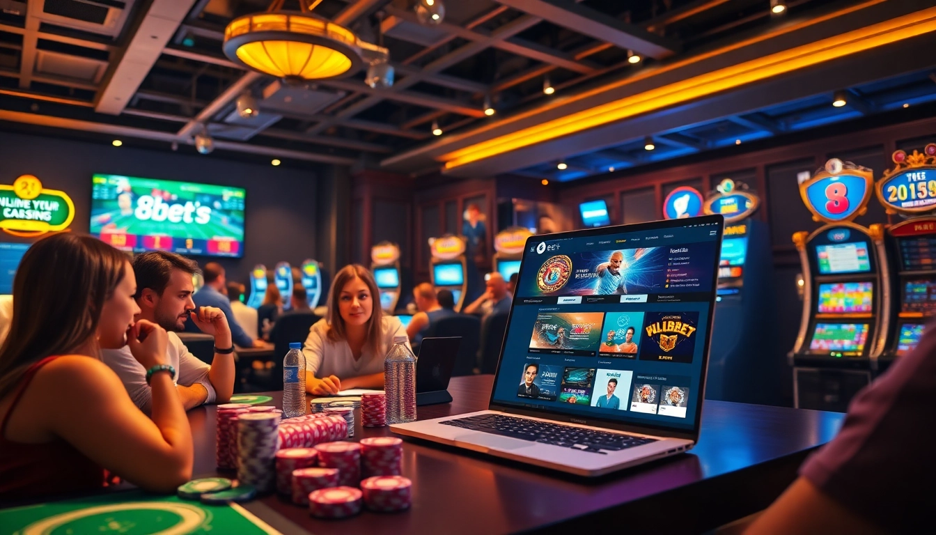 Engaging scene of diverse players enjoying the 8s bet online gambling platform featuring sports betting, casino games, and slot machines.