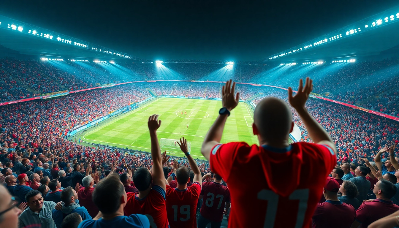 Socolive soccer stadium filled with excited fans watching a live match in vibrant colors.